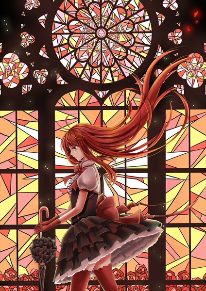 Anime picture 800x1131 with original illycia (artist) single long hair tall image fringe red eyes standing red hair sparkle looking down sad closed umbrella girl dress gloves flower (flowers) ribbon (ribbons) hair ribbon black dress