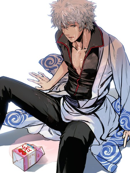 Anime picture 600x800 with gintama sunrise (studio) sakata gintoki tkr (lovedelic99) single tall image looking at viewer short hair open mouth light erotic simple background white background sitting from above grey hair wet grey eyes licking boy tongue