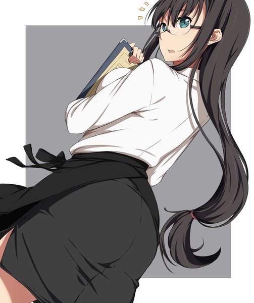 Anime picture 983x1173 with original sblack single long hair tall image open mouth blue eyes black hair looking back girl skirt shirt glasses white shirt suit