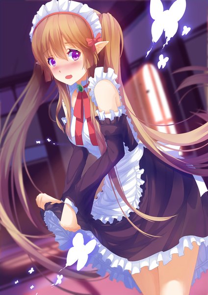 Anime picture 800x1131 with outbreak company feel (studio) myucel foalan riki-to single long hair tall image looking at viewer blush open mouth brown hair twintails purple eyes bare shoulders pointy ears maid elf girl dress detached sleeves