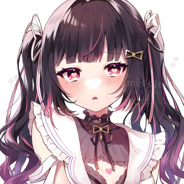 Anime picture 1500x1500 with virtual youtuber phase connect himemiya rie sayu tmg single long hair looking at viewer blush fringe open mouth simple background brown hair white background twintails signed upper body blunt bangs pink eyes multicolored hair mole