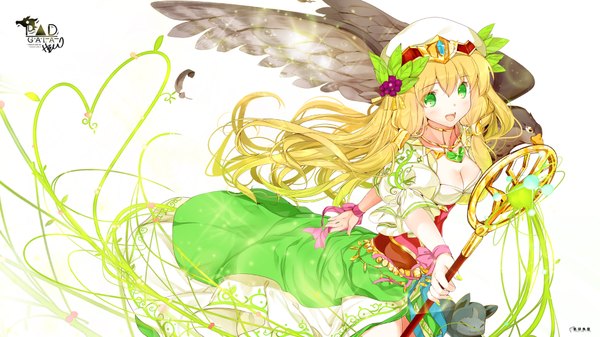 Anime picture 1920x1080 with puzzle & dragons freyja (p&d) heco (mama) single long hair highres open mouth blonde hair wide image green eyes wallpaper girl dress hat animal wings bird (birds) cat beret staff