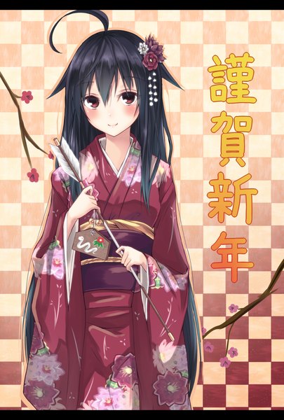 Anime picture 1000x1480 with original second heaven single long hair tall image blush black hair red eyes ahoge japanese clothes letterboxed checkered background girl hair ornament flower (flowers) kimono arrow (arrows) ema hamaya