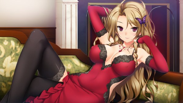 Anime picture 1280x720 with reika no yakata kagurazaka reika kisaragi myau single long hair looking at viewer light erotic blonde hair wide image purple eyes game cg girl thighhighs dress hair ornament black thighhighs detached sleeves couch butterfly hair ornament