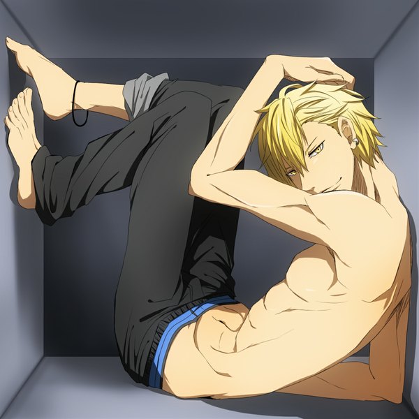 Anime picture 1050x1050 with kuroko no basket production i.g kise ryouta compacthuman looking at viewer short hair blonde hair smile yellow eyes barefoot no shoes piercing hand on head muscle abs shirtless boy underwear earrings pants