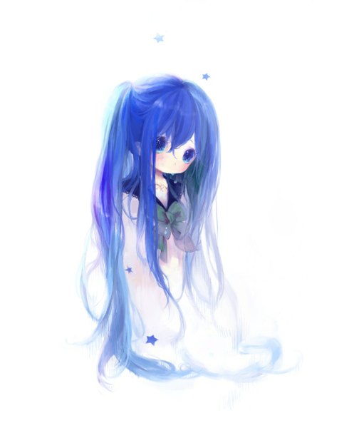 Anime picture 1000x1205 with original kabasawa kina (artist) single long hair tall image blush fringe blue eyes simple background white background blue hair very long hair tears face crying girl bow star (symbol)