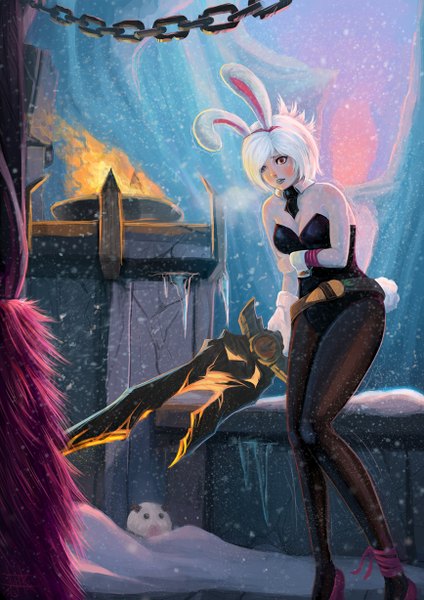 Anime picture 868x1228 with league of legends riven (league of legends) battle bunny riven cubehero single tall image fringe short hair light erotic bare shoulders animal ears white hair tail animal tail orange eyes bunny ears snowing bunny girl winter snow