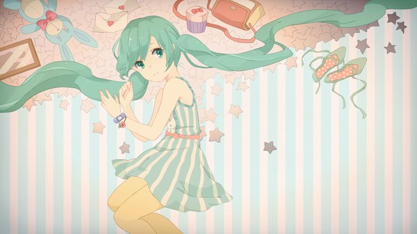 Anime picture 1920x1080 with vocaloid hatsune miku kise (swimmt) single highres smile wide image twintails looking away lying very long hair aqua eyes aqua hair wallpaper striped shoes removed striped background girl dress pantyhose