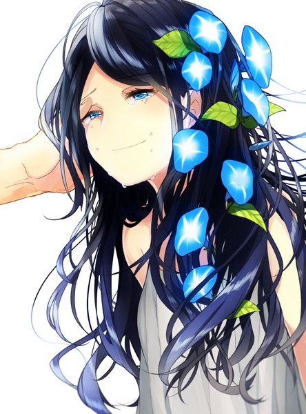 Anime picture 1158x1563 with original sogawa long hair tall image blue eyes black hair simple background smile white background looking away upper body ahoge hair flower tears solo focus crying messy hair hand on another's head headpat girl