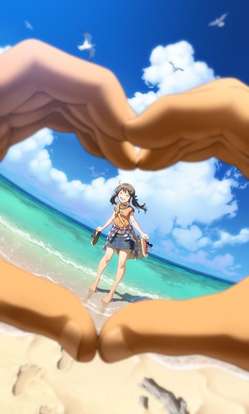 Anime picture 902x1500 with original aoi sora (pairan) pairan long hair tall image blush open mouth smile brown hair twintails sky cloud (clouds) eyes closed beach heart hands girl skirt animal sea bird (birds)
