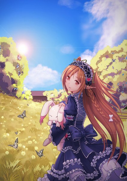 Anime picture 707x1000 with original kyoumu (huangf91) single long hair tall image looking at viewer fringe breasts brown hair large breasts holding brown eyes sky outdoors braid (braids) parted lips head tilt looking back pointy ears sunlight