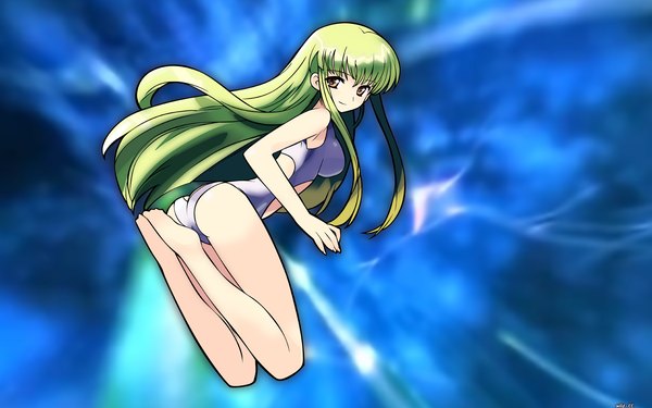 Anime picture 1920x1200 with code geass sunrise (studio) c.c. single long hair looking at viewer fringe highres light erotic smile wide image yellow eyes green hair blue background girl swimsuit