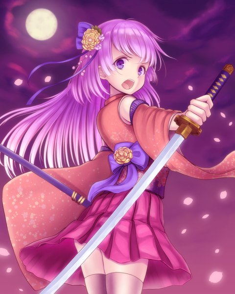 Anime picture 1000x1250 with original alba (little witches) single long hair tall image looking at viewer open mouth purple eyes holding sky purple hair long sleeves traditional clothes looking back hair flower wide sleeves floating hair screaming girl thighhighs