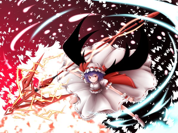 Anime picture 1280x960 with touhou remilia scarlet daizu (daizubatake) single red eyes purple hair bat wings girl bow hat spear spear the gungnir