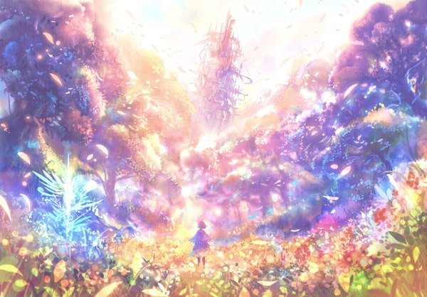 Anime picture 1530x1068 with original bounin single short hair sky ahoge from behind glowing light fantasy silhouette nature colorful texture girl dress flower (flowers) plant (plants) petals tree (trees)
