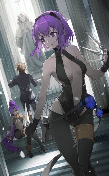 Anime picture 617x1000 with fate (series) fate/grand order fate/zero fate/prototype hassan of serenity (fate) kotomine kirei assassin (fate/zero) female assassin (fate/zero) nine (liuyuhao1992) tall image short hair breasts light erotic brown hair standing sitting purple eyes multiple girls holding looking away