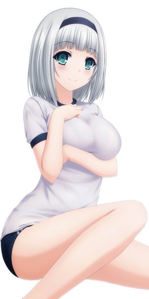 Anime picture 2000x4000 with shimoneta to iu gainen ga sonzai shinai taikutsu na sekai anna nishikinomiya toyokawa itsuki (p mayuhime) single tall image looking at viewer blush fringe highres short hair breasts light erotic simple background smile large breasts white background bent knee (knees) aqua eyes grey hair girl