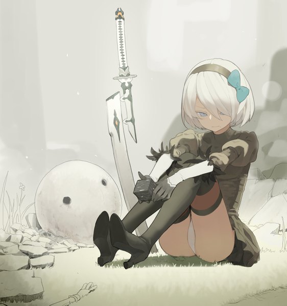 Anime picture 2640x2818 with nier nier:automata yorha no. 2 type b do re mi single tall image looking at viewer fringe highres short hair breasts blue eyes light erotic hair between eyes sitting outdoors white hair long sleeves hair over one eye mole