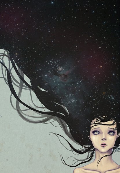 Anime picture 1108x1600 with original spoiles-kitten single long hair tall image black hair purple eyes bare shoulders sky lips space girl star (stars)