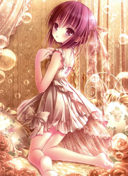 Anime picture 2462x3383 with ro-kyu-bu! project no.9 minato tomoka tinker bell single tall image highres short hair purple eyes purple hair barefoot bare legs loli girl dress flower (flowers) bubble (bubbles)