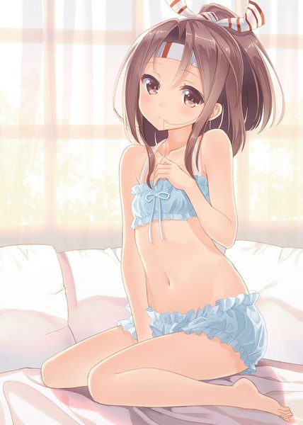 Anime picture 800x1122 with kantai collection zuihou light aircraft carrier hyuuga azuri single tall image looking at viewer short hair light erotic brown hair brown eyes hair in mouth girl navel bow hair bow pillow knickers