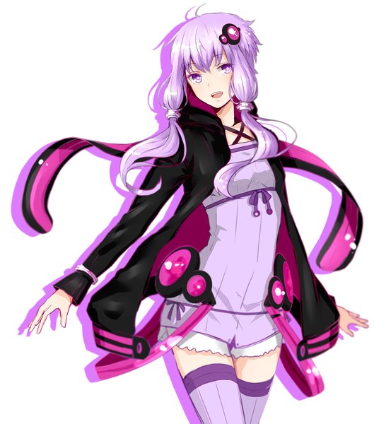Anime picture 1500x1700 with vocaloid yuzuki yukari sasa0205 single long hair tall image looking at viewer blush open mouth simple background smile white background purple eyes twintails purple hair open clothes open jacket zettai ryouiki low twintails spread arms
