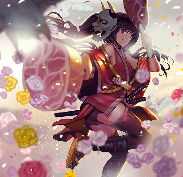 Anime picture 1035x1000 with league of legends akali (league of legends) canking single long hair looking at viewer fringe open mouth black hair smile red eyes standing bare shoulders bent knee (knees) ponytail traditional clothes japanese clothes horn (horns) teeth fang (fangs)