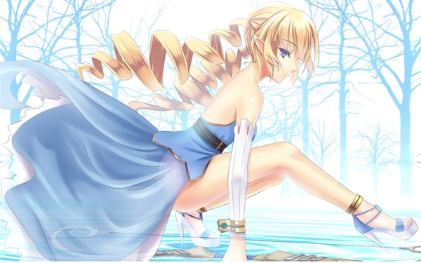 Anime picture 2880x1800 with disgaea archer (disgaea) zi se single long hair highres blue eyes light erotic blonde hair wide image bare shoulders drill hair girl dress plant (plants) tree (trees) shoes bow (weapon)