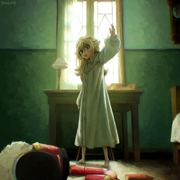 Anime picture 2000x2000 with youjo senki tanya degurechaff oveipo single long hair looking at viewer fringe highres blue eyes blonde hair standing indoors looking back barefoot arm up light broken girl window toy