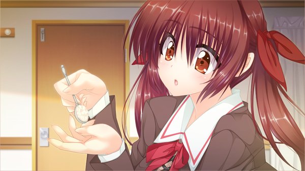 Anime picture 1024x576 with mirai wa kimi ni koishiteru single long hair red eyes brown hair wide image twintails game cg girl uniform bow hair bow school uniform