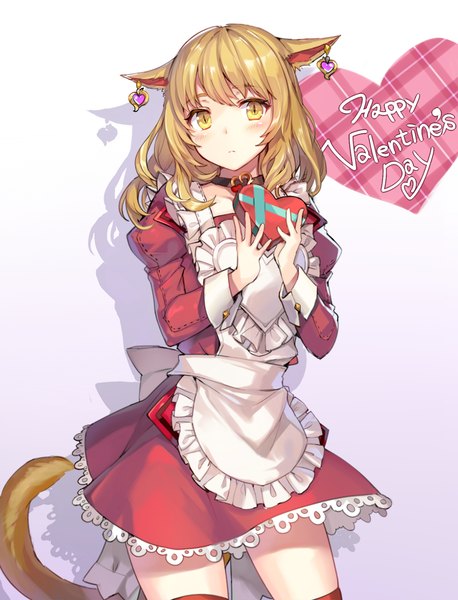 Anime picture 780x1023 with original momoko (momopoco) single long hair tall image looking at viewer blush simple background blonde hair holding animal ears yellow eyes tail animal tail cat ears cat girl cat tail embarrassed valentine cat eyes