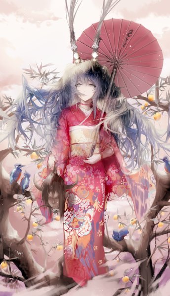 Anime picture 1424x2480 with vocaloid hatsune miku sa'yuki single long hair tall image fringe black hair twintails holding blue hair traditional clothes japanese clothes multicolored hair horn (horns) wide sleeves two-tone hair grey eyes alternate costume floral print