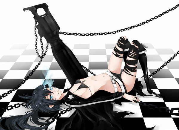Anime picture 1500x1089 with black rock shooter black rock shooter (character) phoonty single long hair fringe black hair twintails aqua eyes glowing glowing eye (eyes) serious girl thighhighs navel weapon shorts belt short shorts thigh boots