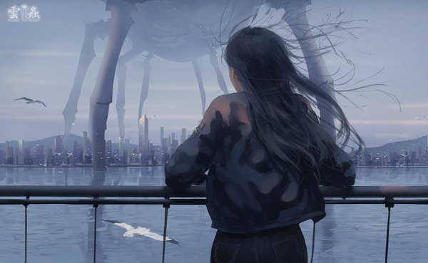 Anime picture 1550x955 with original wlop single long hair black hair wide image standing sky outdoors wind from behind city cityscape science fiction seaside girl animal jacket sea bird (birds)