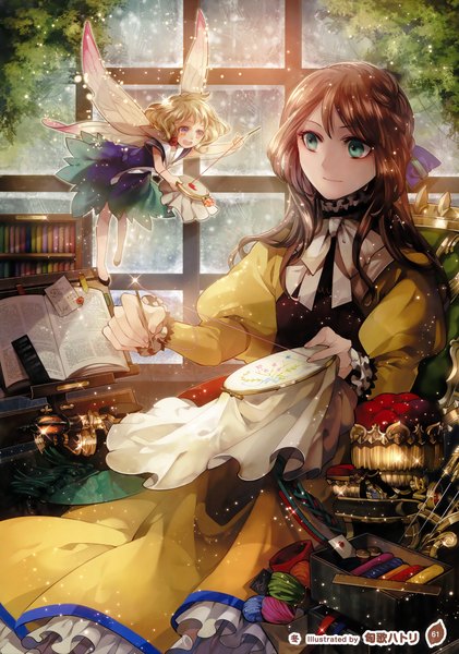 Anime picture 2525x3600 with girls, girls, girls! 10 (artbook) kyouka hatori long hair tall image highres open mouth blue eyes blonde hair brown hair sitting multiple girls scan official art fantasy fairy girl dress 2 girls wings window