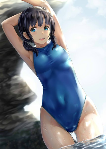 Anime picture 1142x1600 with original nagayori single long hair tall image looking at viewer blush open mouth light erotic black hair smile twintails cloud (clouds) :d aqua eyes arms up low twintails lens flare ass visible through thighs arms behind head