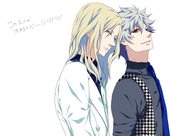 Anime picture 1200x960 with uta no prince-sama a-1 pictures kurosaki ranmaru camus nayuta (hanayushi) long hair looking at viewer short hair blue eyes simple background blonde hair smile red eyes white background parted lips grey hair multiple boys text boy 2 boys