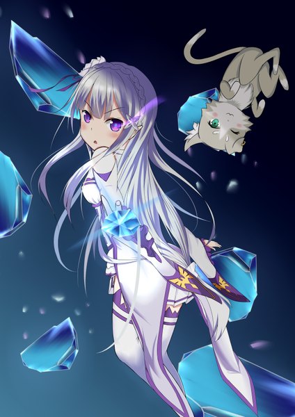 Anime picture 2480x3507 with re:zero kara hajimeru isekai seikatsu white fox emilia (re:zero) puck (re:zero) kenka no gijutsu o takameru single long hair tall image looking at viewer blush fringe highres simple background purple eyes bare shoulders green eyes silver hair looking back hair flower wide sleeves