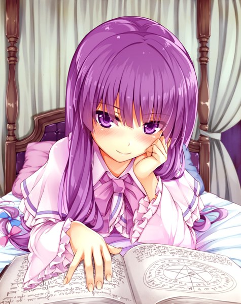 Anime picture 1418x1791 with touhou patchouli knowledge kitou kaitai single long hair tall image looking at viewer blush purple eyes purple hair girl dress bow hair bow book (books) bed