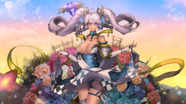 Anime picture 1500x844 with original nal (artist) single long hair light erotic wide image standing twintails purple eyes bare shoulders grey hair looking down girl dress underwear panties flower (flowers) plant (plants) rose (roses) pendant