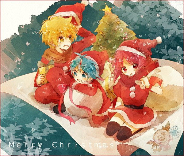 Anime picture 1000x850 with magi the labyrinth of magic a-1 pictures morgiana aladdin (magi) ali baba saluja blush short hair open mouth blue eyes blonde hair red eyes yellow eyes blue hair red hair inscription multiple boys fur trim kneeling christmas merry christmas