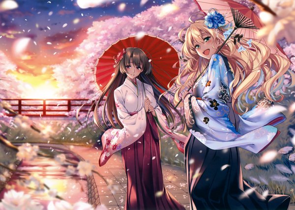 Anime picture 3300x2349 with original eshi 100-nin ten piromizu long hair blush highres open mouth blue eyes black hair blonde hair multiple girls brown eyes absurdres traditional clothes japanese clothes looking back scan official art evening sunset