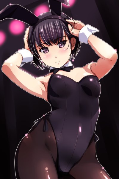 Anime picture 800x1200 with original matsunaga kouyou single tall image blush short hair light erotic black hair purple eyes animal ears bunny ears dark background girl bunnysuit