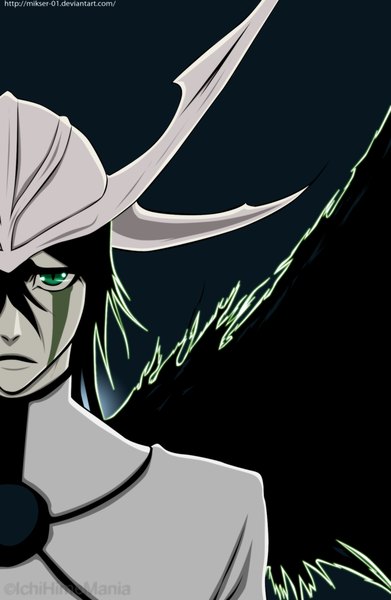 Anime picture 1304x2000 with bleach studio pierrot ulquiorra schiffer gold-mk single tall image short hair black hair simple background green eyes signed horn (horns) coloring black background portrait espada boy wings