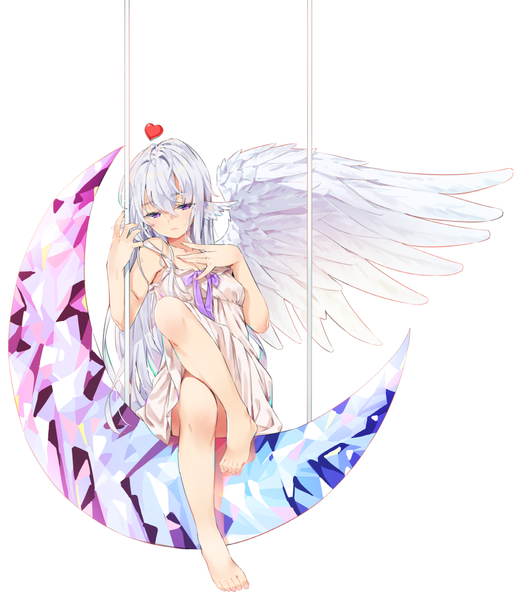 Anime picture 868x1000 with original agnamore single long hair tall image fringe hair between eyes sitting purple eyes holding full body bent knee (knees) white hair head tilt barefoot lips bare legs looking down head wings white wings