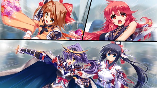 Anime picture 1280x720 with sengoku hime 4 long hair short hair open mouth blue eyes black hair red eyes brown hair wide image multiple girls brown eyes game cg purple hair ponytail red hair traditional clothes multiview girl hair ornament weapon