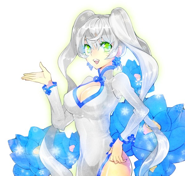 Anime picture 1200x1138 with original mami (apsaras) single long hair breasts open mouth light erotic large breasts white background twintails green eyes cleavage silver hair chinese clothes girl flower (flowers) chinese dress