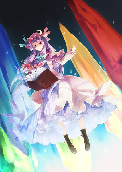 Anime picture 800x1122 with touhou patchouli knowledge shingo (missing link) single long hair tall image looking at viewer red eyes purple hair crescent weightlessness girl ribbon (ribbons) hair ribbon boots frills book (books) moon bonnet crystal