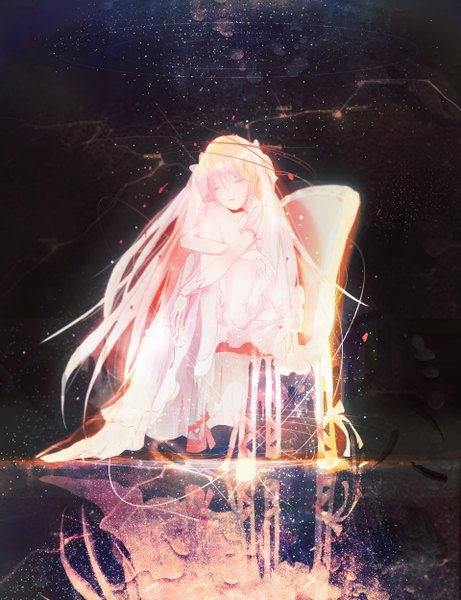 Anime picture 960x1248 with mahou shoujo madoka magica shaft (studio) kaname madoka goddess madoka chairplus single tall image fringe sitting twintails pink hair sky full body eyes closed very long hair night night sky short twintails reflection leg hug