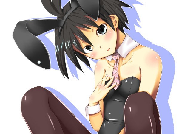 Anime picture 1200x900 with idolmaster kikuchi makoto tog (shoten) single blush short hair light erotic black hair animal ears ahoge black eyes bunny ears flat chest pantyhose necktie bunnysuit